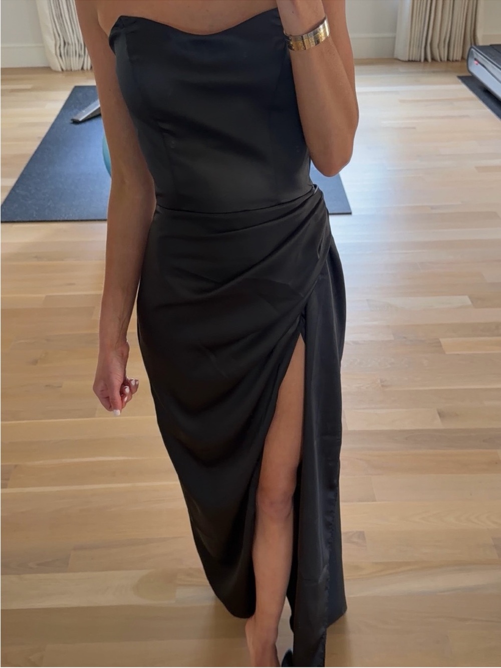 Oris Black Strapless Satin Evening Gown with Side Slit